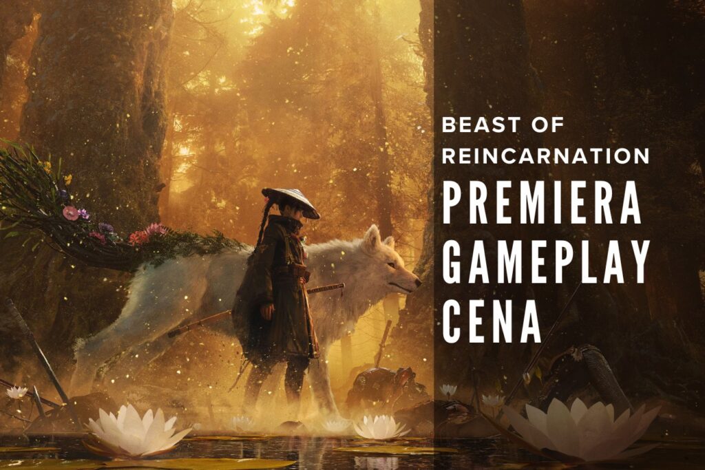 grafika z gry beast of reincarnation przedstawiająca głównych bohaterów w złotej scenerii dzikiej przyrody