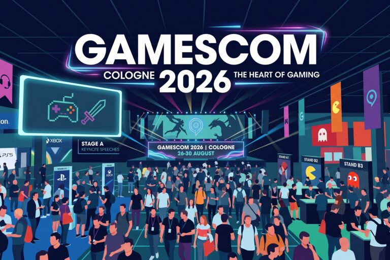 Grafika promująca gamescom 2026 w Kolonii ze stoiskami słynnych producentów i wydawców gier