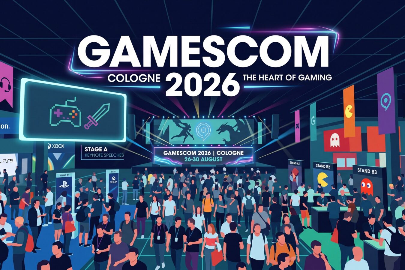 Grafika promująca gamescom 2026 w Kolonii ze stoiskami słynnych producentów i wydawców gier