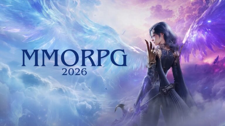 Fantastyczna kobieca postać z gry Aion 2 i napis MMORPG 2026