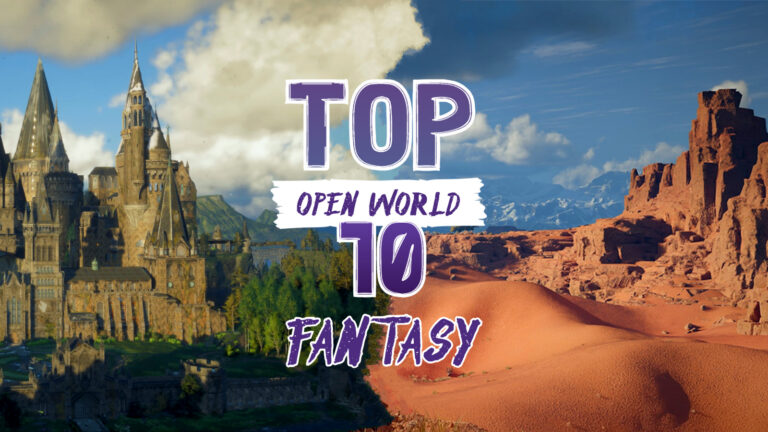 pustynny krajobraz świata gry crimson desert oraz fantastyczny zamek z gry hogwarts legacy z dopiskiem top 10