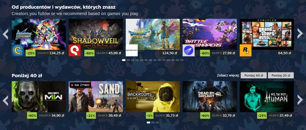 zakładki w sklepie Steam przedstawiające gry do 20zł, gry do 40zł i gry znanych wydawców