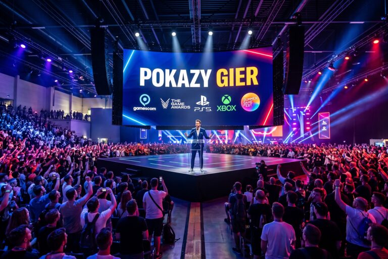 scena pokazu gier z ekranem z logami Gamescom, The Game Awards i Summer Game Fest