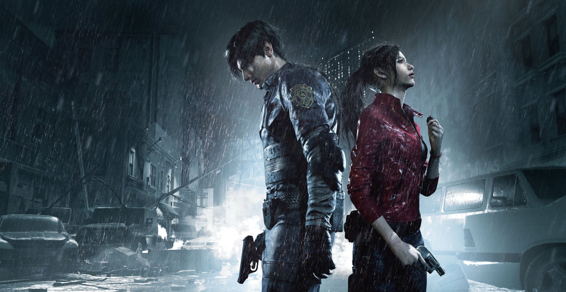 Leon Kennedy i Claire Redfield główni bohaterowie gry Resident Evil 2. Fragment ich wspólnego spotkania na ulicach Raccoon City.