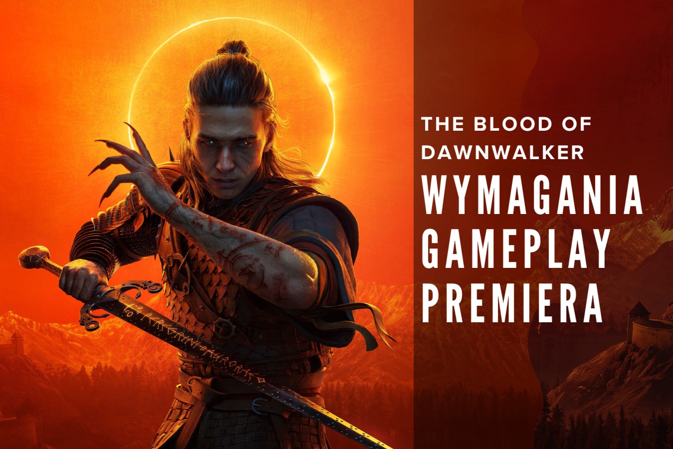 Główny bohater gry The Blood of Dawnwalker o imieniu Coen trzymający miecz. Obok niego tytuł gry wraz z dopiskami: wymagania, gameplay, premiera