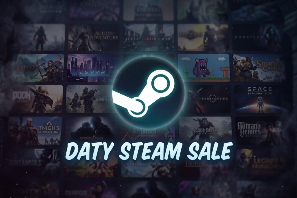 logo steam z podpisem "daty steam sale" na tle kafelków z okładkami różnych gier ze sklepu